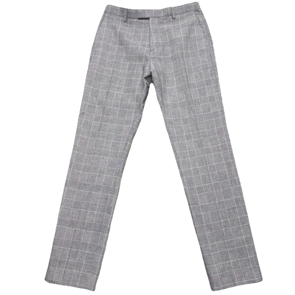Reiss Kray Tailored Trousers Mens 32x32 Blue Gray Check Cotton Linen Pant Preppy